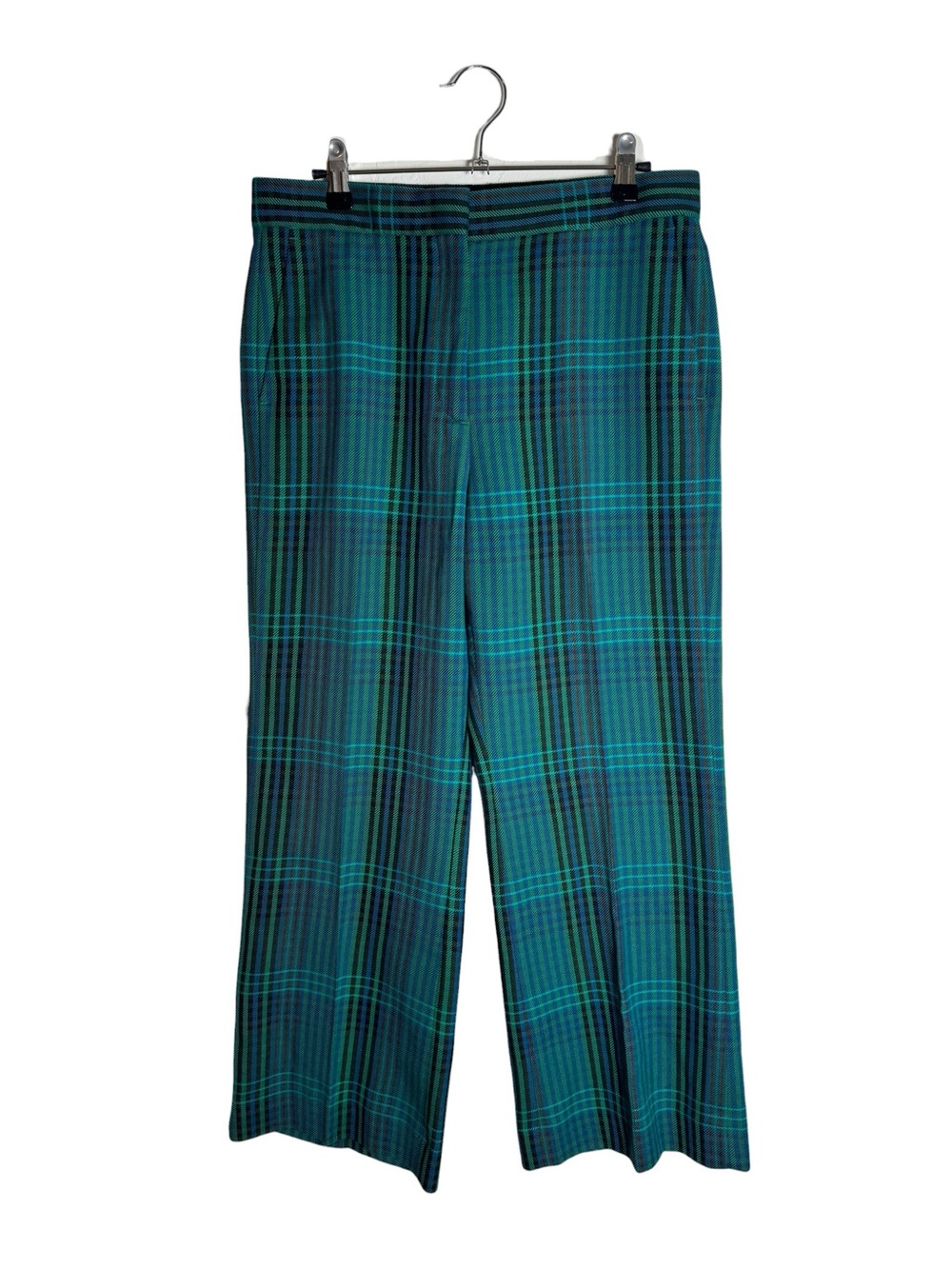 Sandro Paris Tartan Plaid Straight Leg Darts Trousers Pants Green Teal Blue